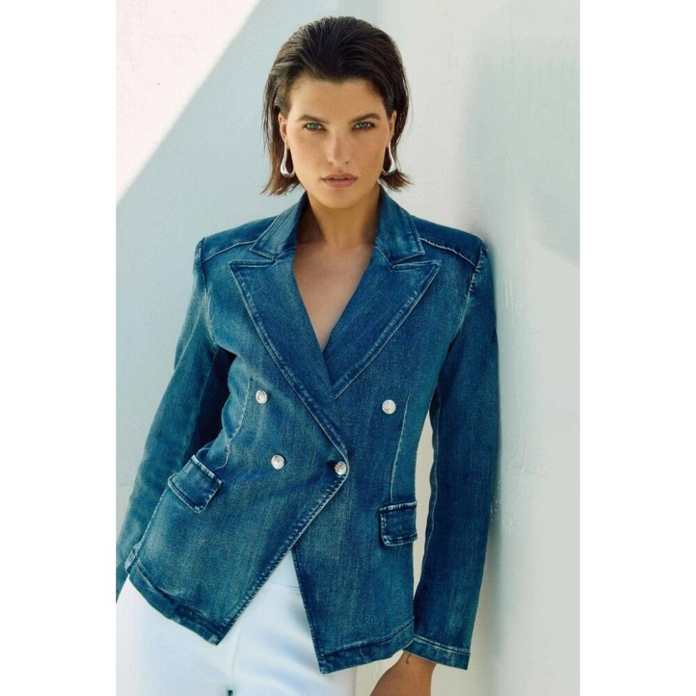 Joseph Ribkoff Womens Stretch Denim Double-Breasted Blazer M Blue